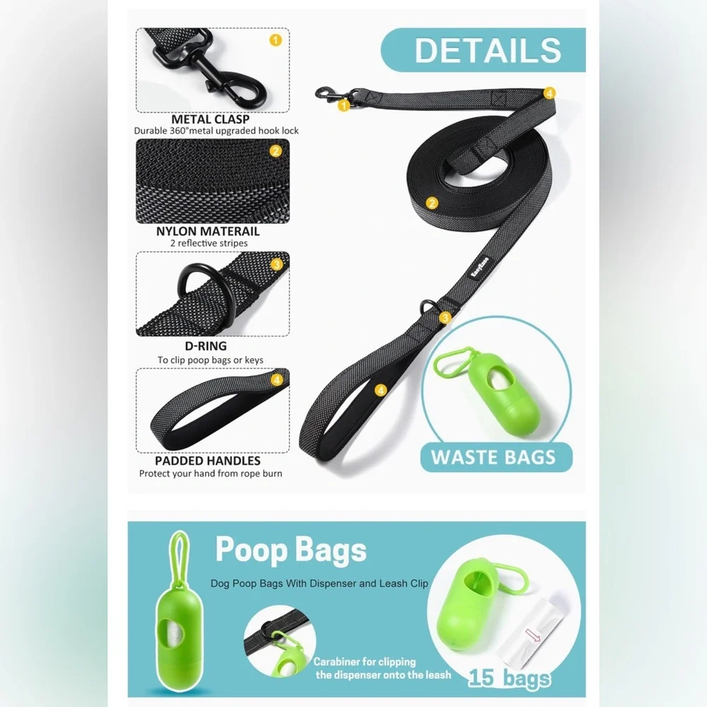 10 foot Dog Leash with Waste Bag Holder